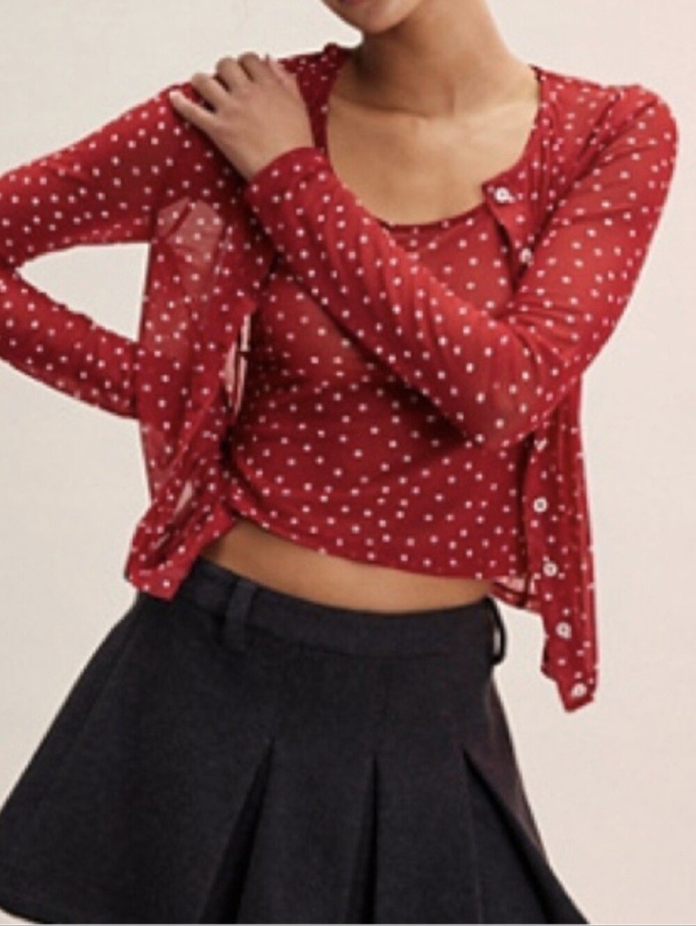 NWT Free People Twosie for One Cardigan Med Red White Polka Dot Stars Semi Sheer